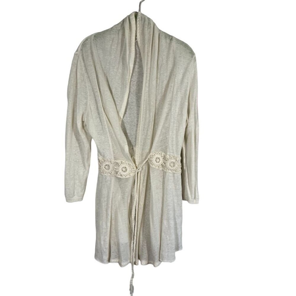Anthropologie Floral Sweater L Cream Belted Boho Crochet Hippie Knit 80s Chic